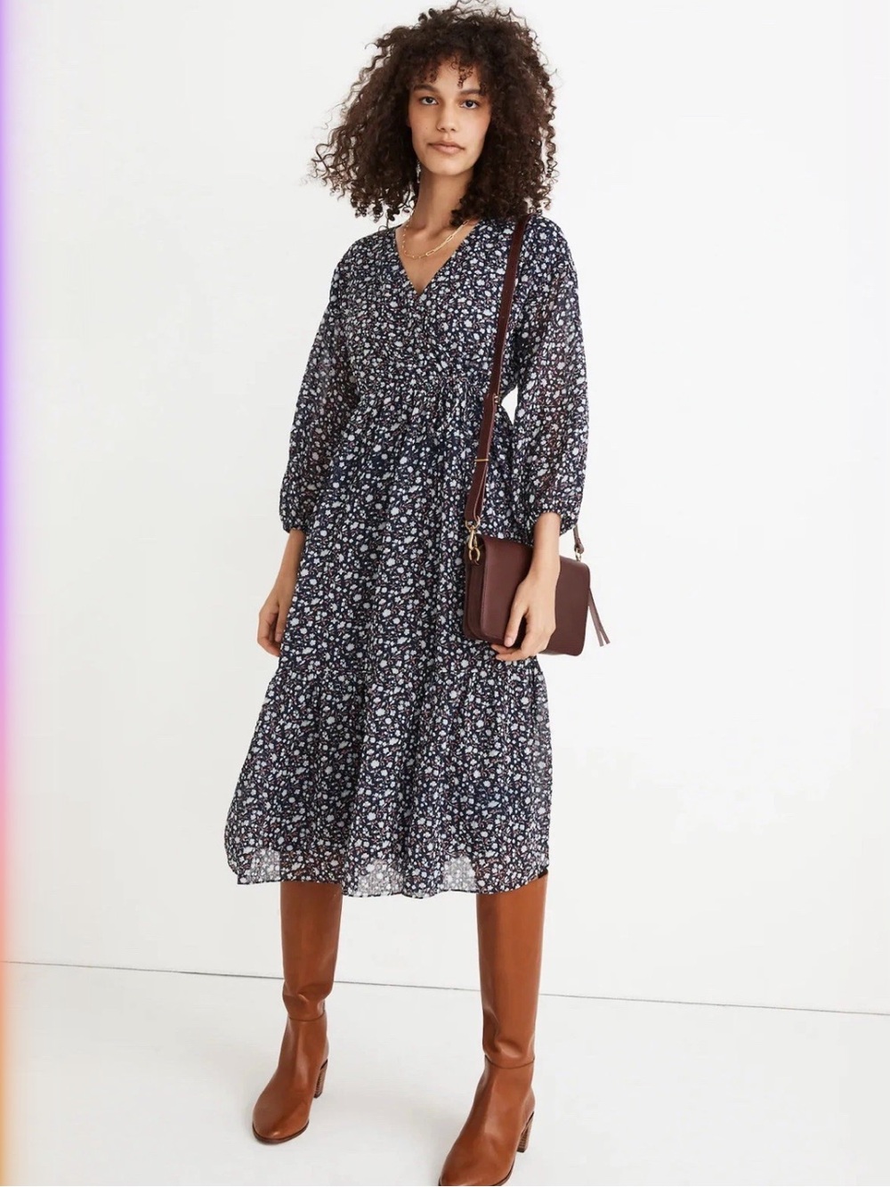 Madewell Navy Floral Tie Waist Long Sleeve Midi Dress Harvest Vine Size Small